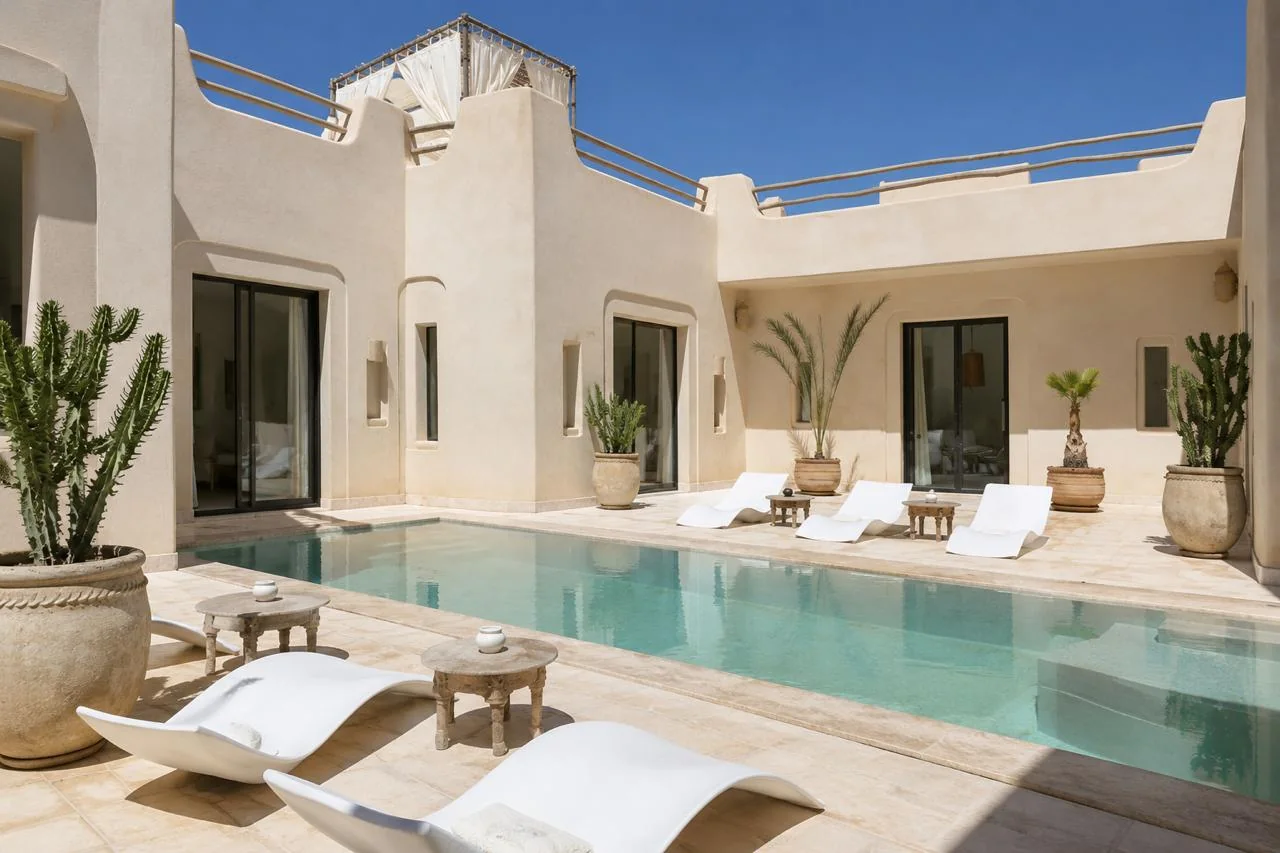 Moroccan riad with a pool and sunny patio